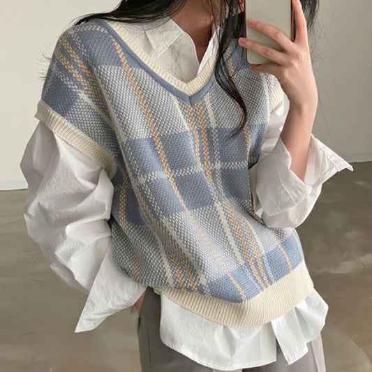 Vintage V-neck Plaid Sweater Vest Women Autumn Winter Vintage Knit Sweaters Pullover Loose Korean Knitwear Tops Pull Femme 23875