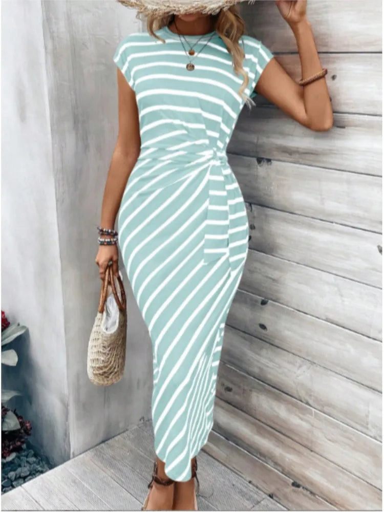 Summer New Long Dress Elegant Waist Strap Fashionable Striped Print Round Neck Short Sleeved High-end Women's Dress