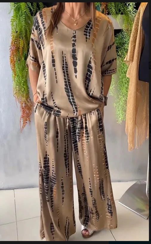 Summer Fashion T-shirt Pants Set Women Geometric Print Short Sleeved Tops Loose Wide Leg Pants Elegant Lady Set Clothing