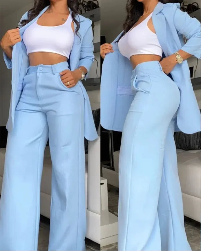 Women Pant Sets Two Piece Set Pants Turn Down Collar Single Breasted Tracksuit Outerwear Ankle Length Straight Pockets Loose
