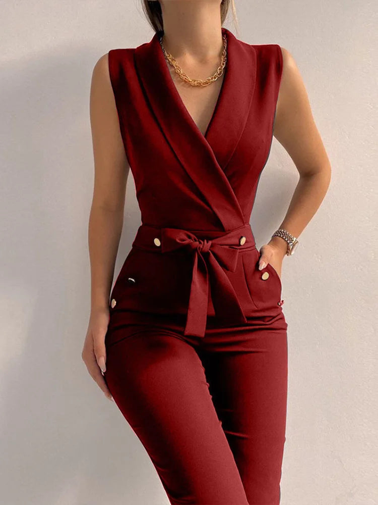 Summer Women's Sleeveless Jumpsuit Casual Sexy V-neck Sleeveless Jumpsuit Solid Color Button Up Wide Leg Pants