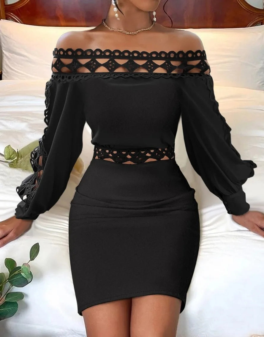 Women's Autumn Long Sleeved Wrap Hip Dresses Black Lace Patchwork Hollow Party Dress Fashion Slash Nneck High Waist Tight Dress