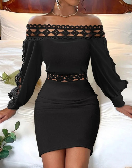 Women's Autumn Long Sleeved Wrap Hip Dresses Black Lace Patchwork Hollow Party Dress Fashion Slash Nneck High Waist Tight Dress