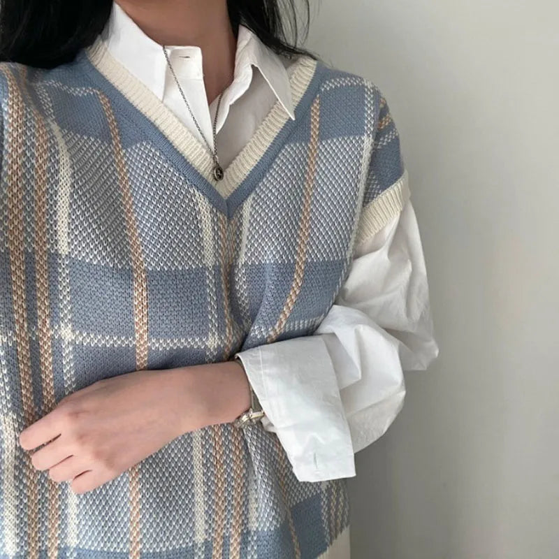 Vintage V-neck Plaid Sweater Vest Women Autumn Winter Vintage Knit Sweaters Pullover Loose Korean Knitwear Tops Pull Femme 23875