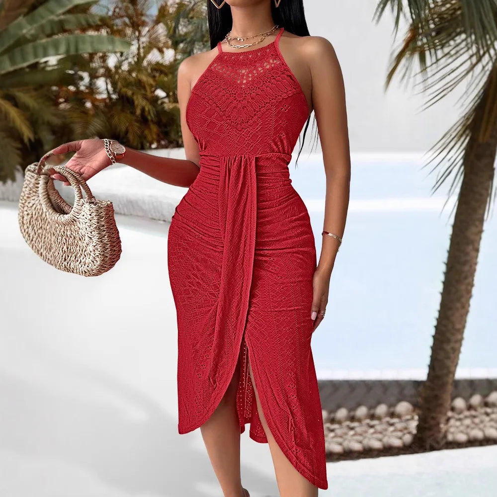 Summer Womens Halter Hollow Dresses 2025 New Strapless A Line Sleeveless Front Slit Ruched Maxi Irregular Street Trendy Dress
