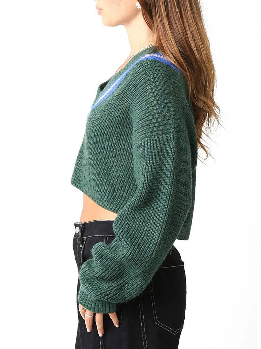 Women Autumn Cropped Sweaters with Ribbed Texture