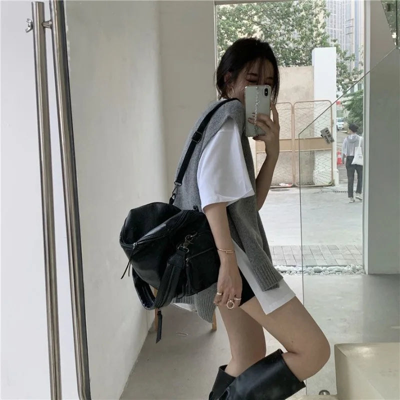 Korean Lazy College Style Grey V Neck Knit Vest Women Autumn Winter Layering Outerwear Sweater Vest