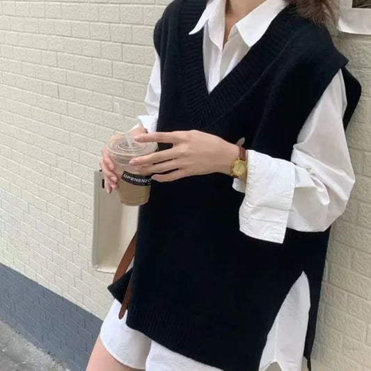 Korean Lazy College Style Grey V Neck Knit Vest Women Autumn Winter Layering Outerwear Sweater Vest