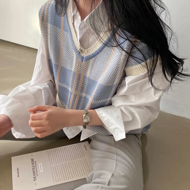 Vintage V-neck Plaid Sweater Vest Women Autumn Winter Vintage Knit Sweaters Pullover Loose Korean Knitwear Tops Pull Femme 23875