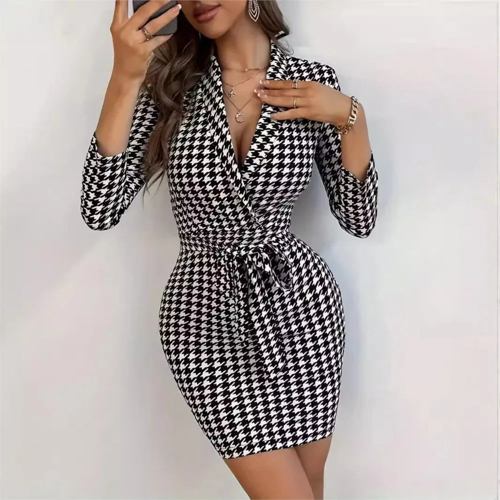Spring V-neck Sexy Mini Dress Plaid Long-sleeved Lapel Elegant Party Dresses For Women Vintage Casual Slim Houndstooth Vestidos