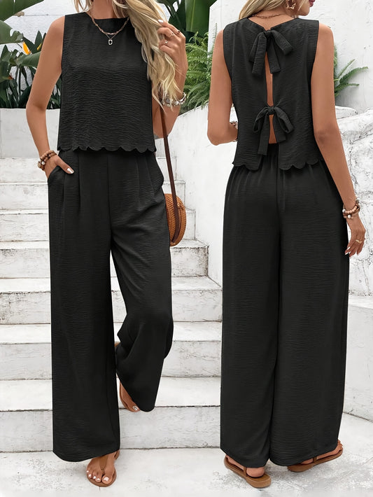 Women 2 piece set-sleeveless bow back top & wide leg pants